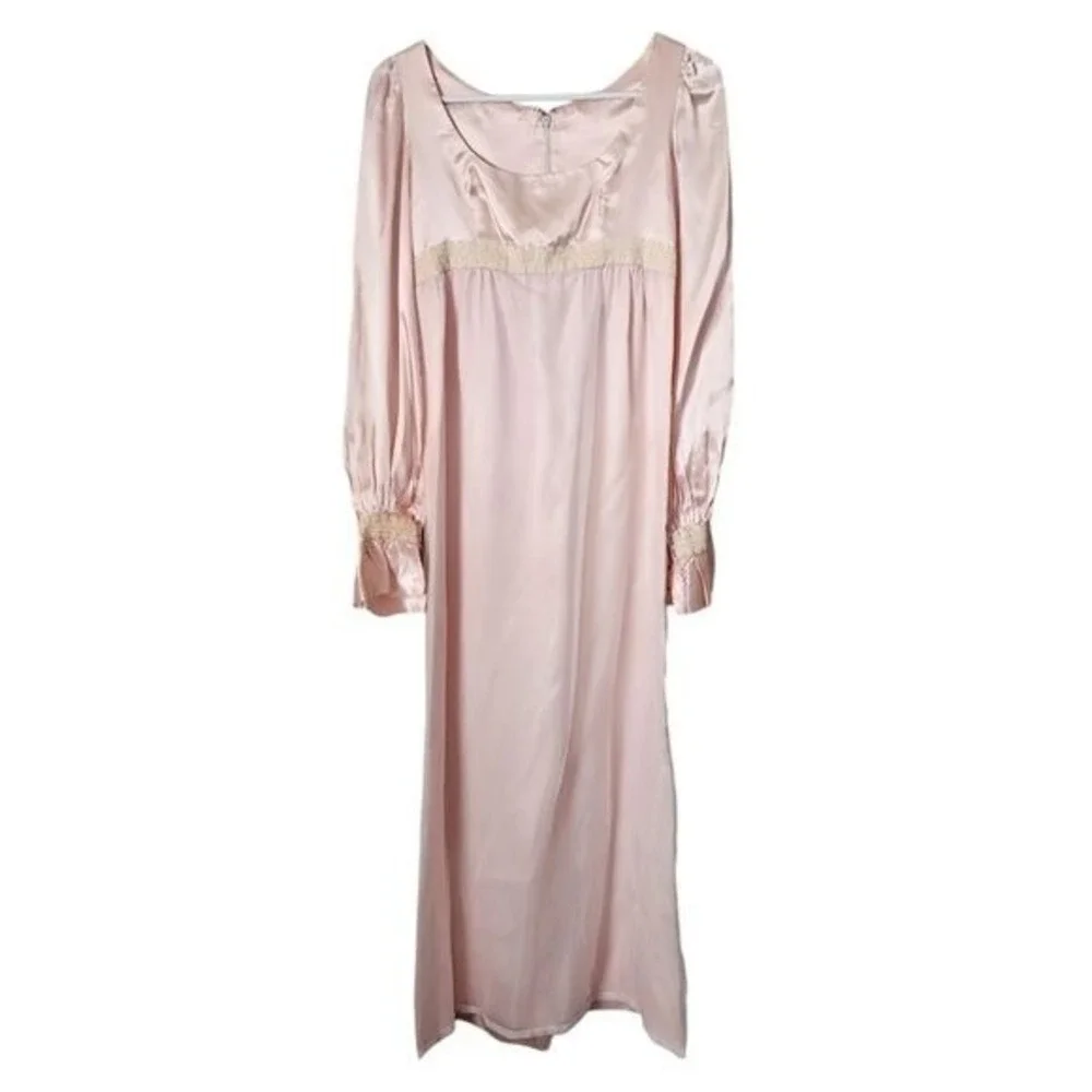 VINTAGE 70s Handmade Satin Babydoll Maxi Dress‎ Cottagecore Pink